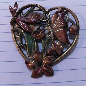 Vintage Enamel Heart With Flowers & Butterfly Brooch